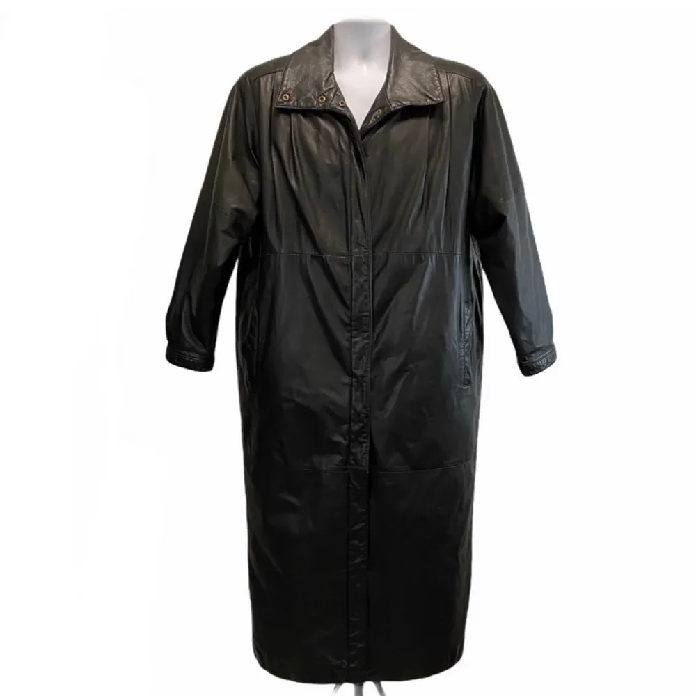 Eddie Bauer 100% Genuine Leather Winter Trench Coat Full Length Black HEAVY DUTY